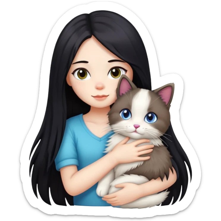 Girl with straight black long hair hugging a colorpoint ragdoll plush toy and a tricolor long-haired cat sticker