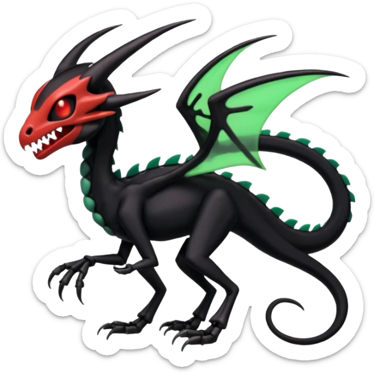 Obsidian-black and neon-glowing-green skeletal Meloetta-Salandit-Noivern-Salazzle-Pokémon-Fakémon-creature-fusion-hybrid with glowing crimson-red evil slit eyes sticker