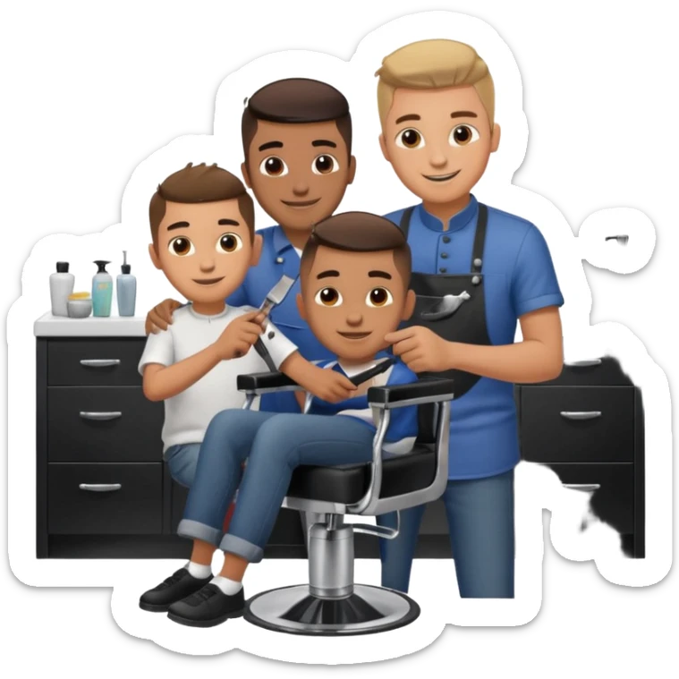 Barber cutting teenage boys hair. Show the boy sat in black barber chair and both having smiles on their faces sticker