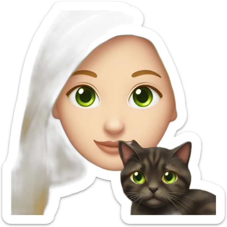 woman with green eyes and long straight blonde hair and big boobs is holding a very fluffy and fat tortoiseshell cat sticker