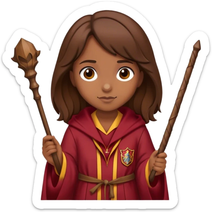 Girl with Girls Brown hair and a gryffindor Robe and a small wooden wand sticker