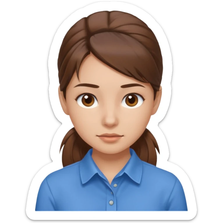 brown hair in a low pony tail with brown eyes girl blue shirt sticker