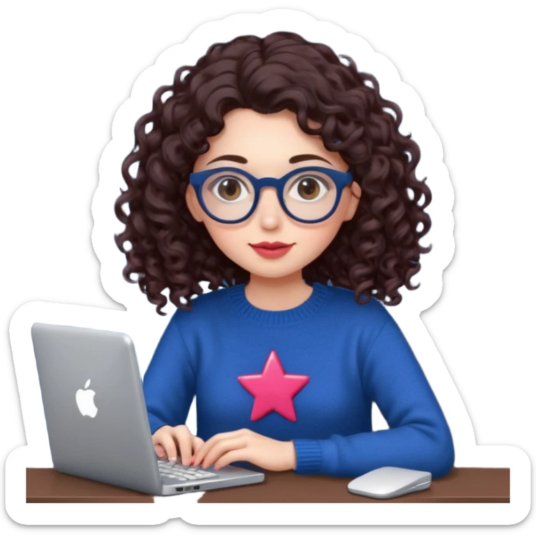 a white young woman with very long curly dark brown/chocolate hair typing in a computer. she's using round glasses, her lips are light red and her cheeks slightly pink. Her eyes are dark brown. She's using a dark blue knit sweater that has a tiny star in the middle   sticker