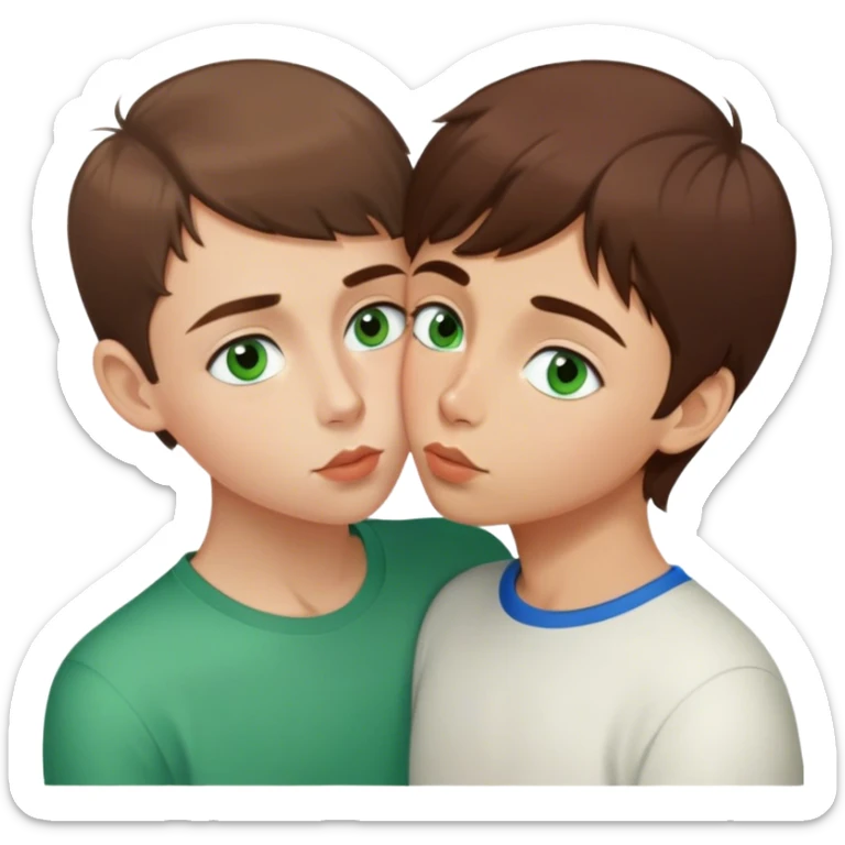 A girl with brown hair, blue eyes and thin lips kisses a Russian boy with short hair and green eyes sticker