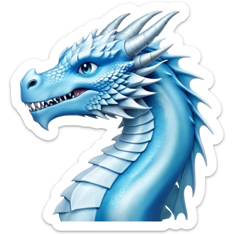 Cinematic Noble elegant Ice Dragon Portrait Emoji, Poised and imposing, distinct long elegant snout, with a slender, scaled body shimmering in glacial hues of icy blue, frostbitten silver, and crystalline white, breathing out frost, with piercing, glowing ice blue white eyes that radiate the chilling depths of an arctic storm; rendered in detail. sticker
