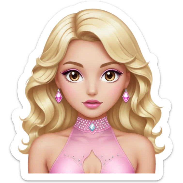 Luxury blonde model, brown eyes, sleek wavy hair, diamanté rhinestone covered pink bodysuit  sticker