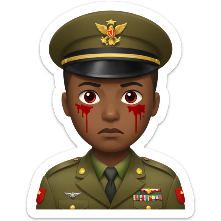 soldier with dark Senegalese skin, scowling, blood splatter on left cheek, military uniform visible, Apple 2D emoji style sticker