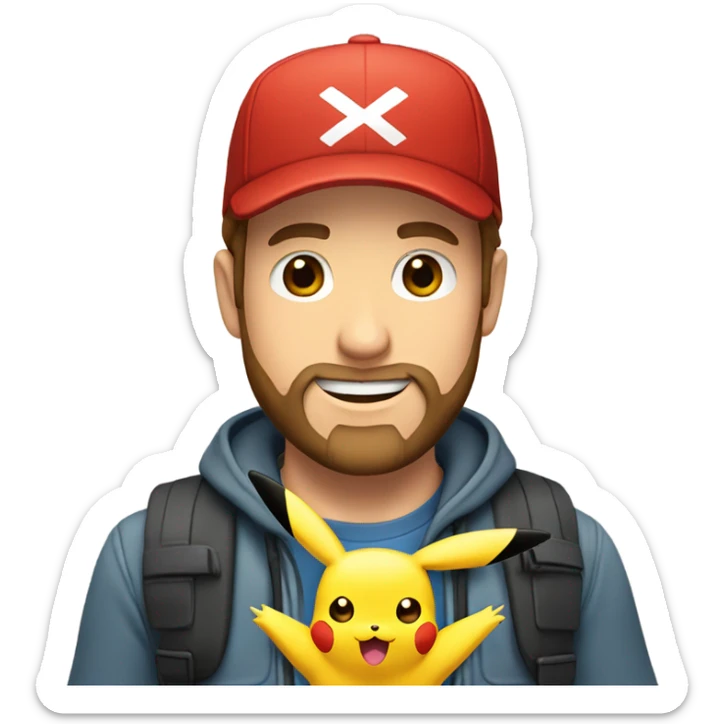 white man with brown hair and beard and a red cap, holding and a pikachu pokemon sticker