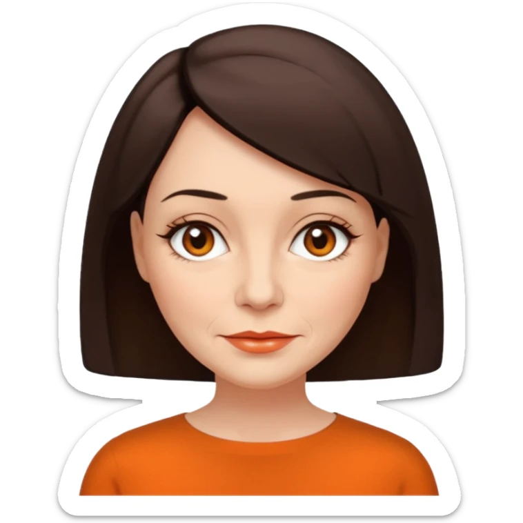 create an emoji of a woman. She has a few wrinkles, with a classic bob, dark brown hair, brown eyes, pale skin. she wears a an elegant orange top. sticker