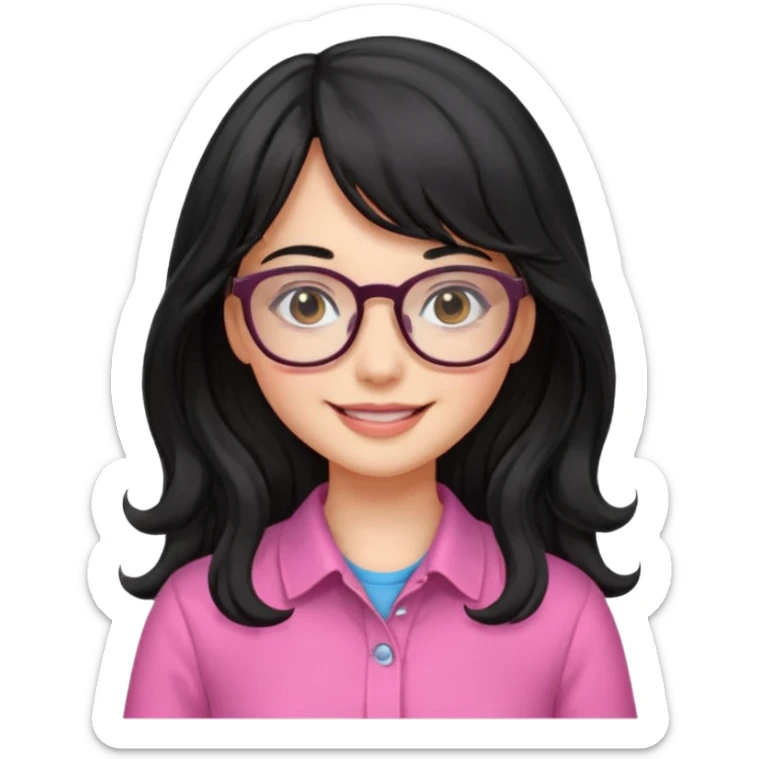 Please generate a portrait of a pretty girl with long, wavy, black hair. She's smiling. She also wears a middle parting and bangs. with glasses pink clothing sticker