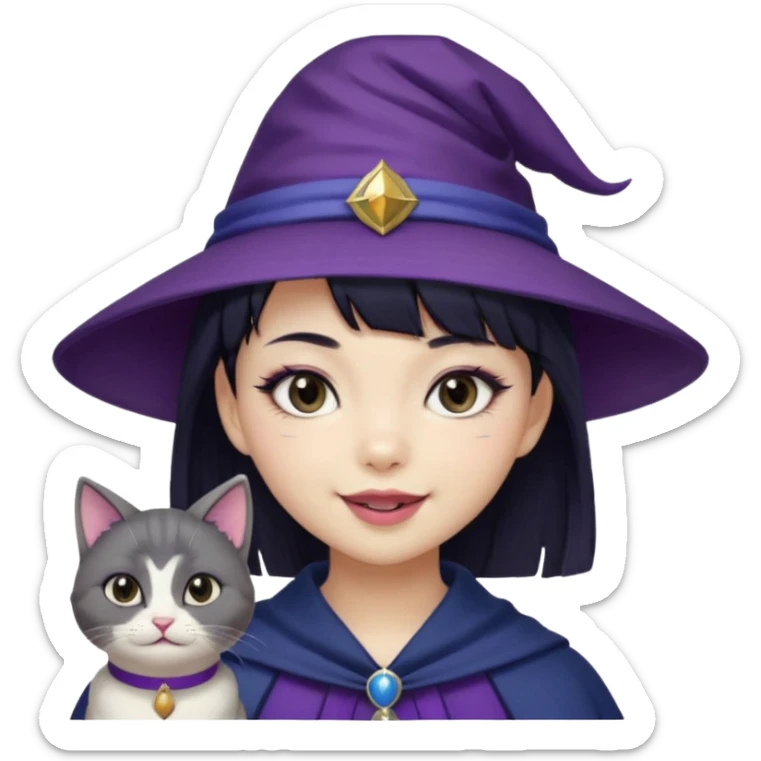 An Asian short-haired girl with short raven hair and bangs, with heterochromia eyes(her left eye is silver coloured and her right eye is dark brown coloured), cat-eyed eyeliner, and laughs with a tiny fang of mauve-toned lipstick, wears a dark navy wizard hat with an emblem on it. sticker