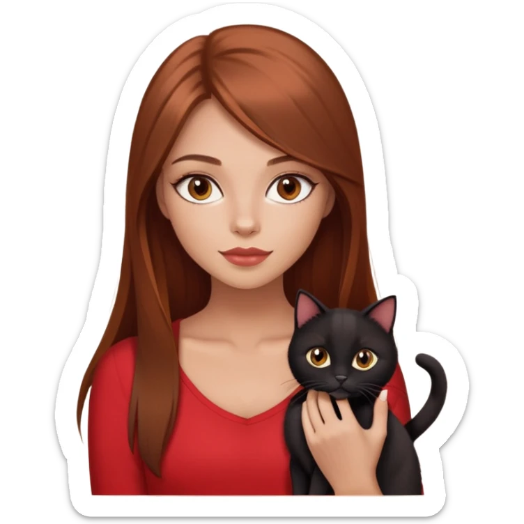 pretty girl, the girl has brown auburn hair, light skin but tanned a bit, hazel almond shaped eyes, long lashes and light make up, the girl has loose straight hair, and she’s wearing red top and holding black cat in her hands, the girl has red nails  sticker