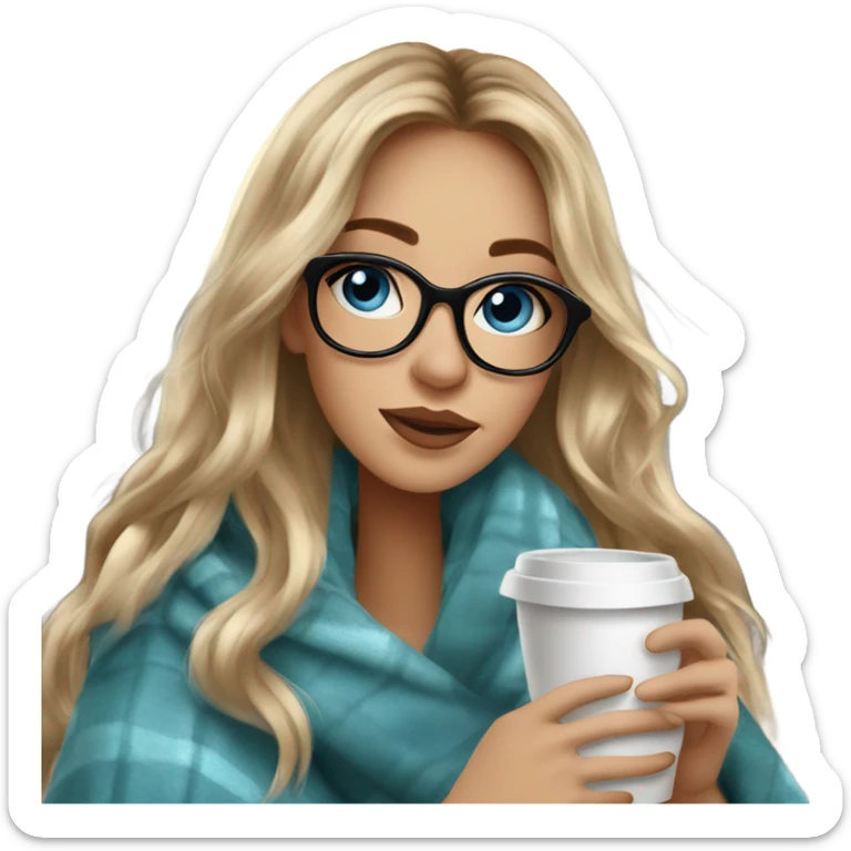 Balayage hair Girl drinking coffee, with a cozy blanket wearing glasses with blue eyes beautiful  sticker