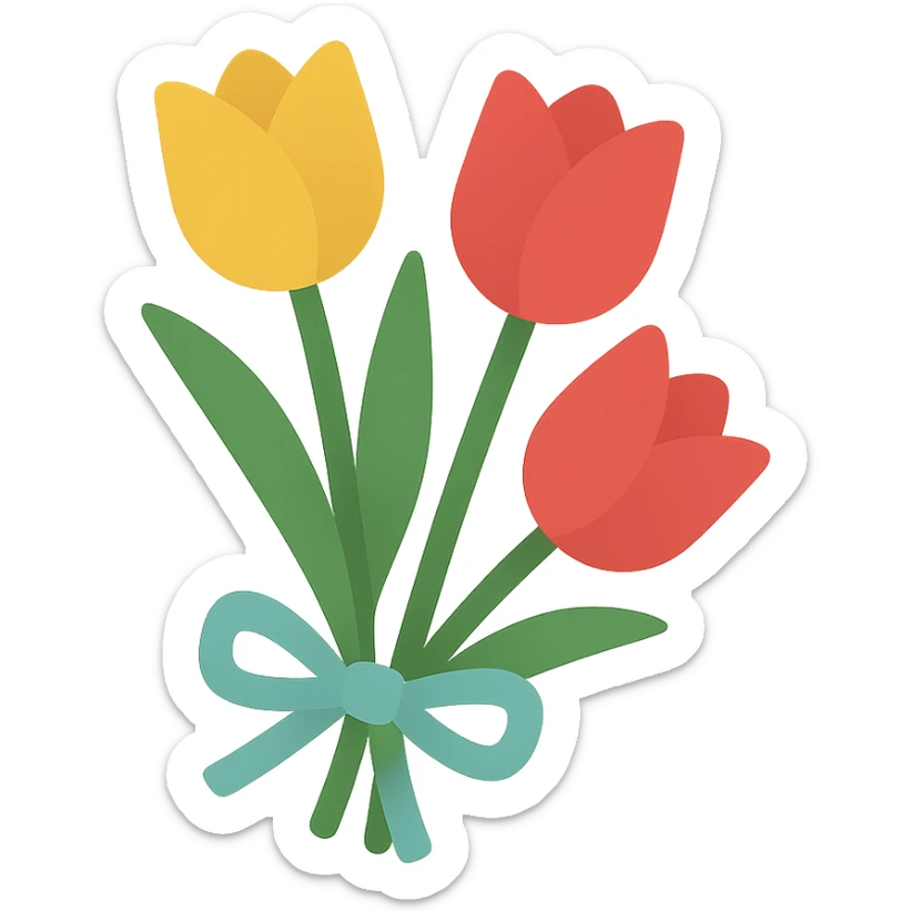 simple bouquet of tulips tied with a ribbon, flat modern icon style sticker