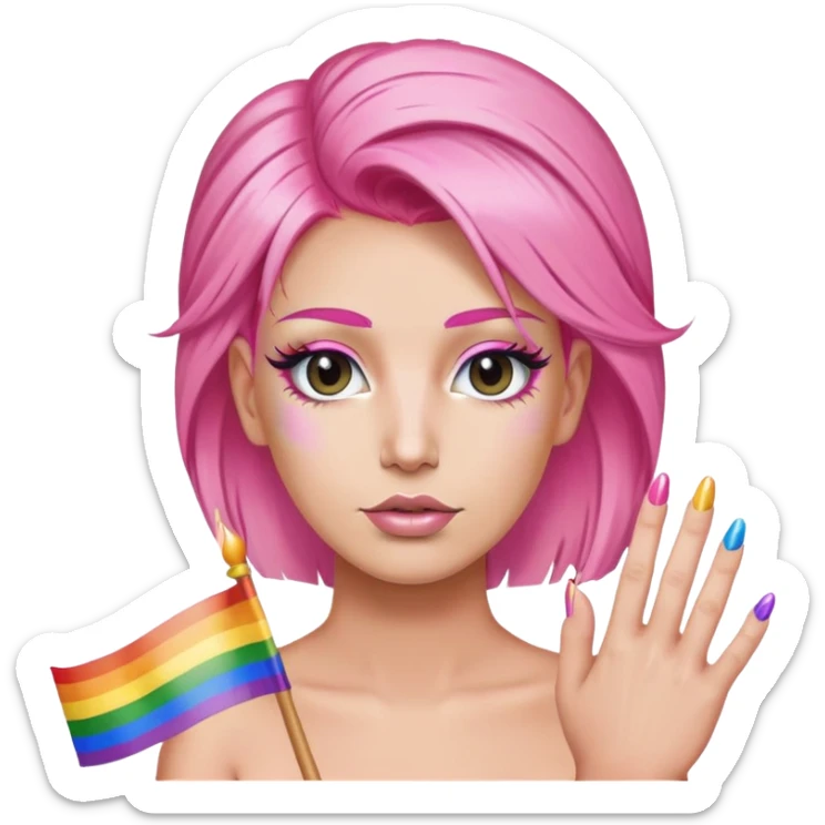 Donald trump with pink hair, long eyelashes, long nails, and a gay pride flag sticker