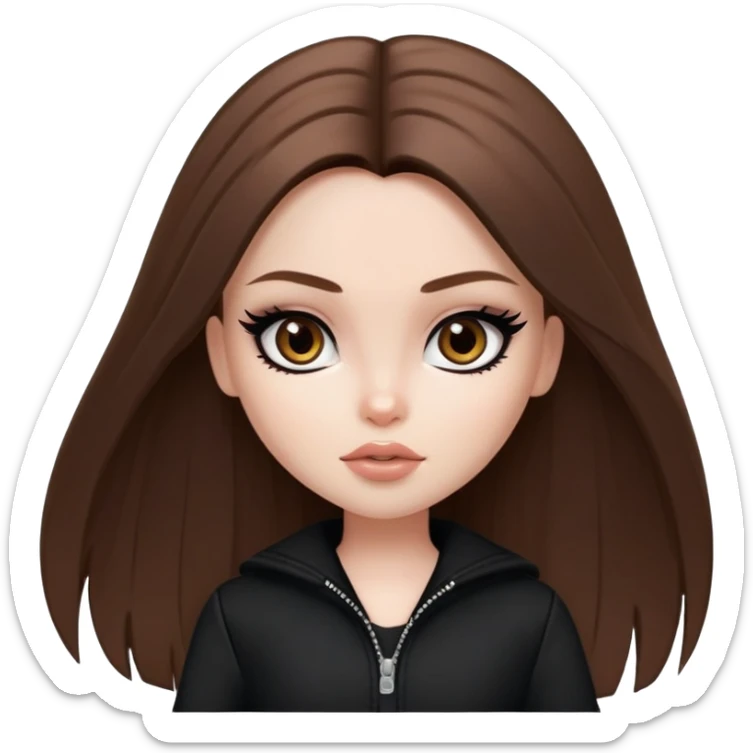 pretty bratz girl, long straight brown hair, brown eyes, black eyeliner, pale skin, black clothes sticker