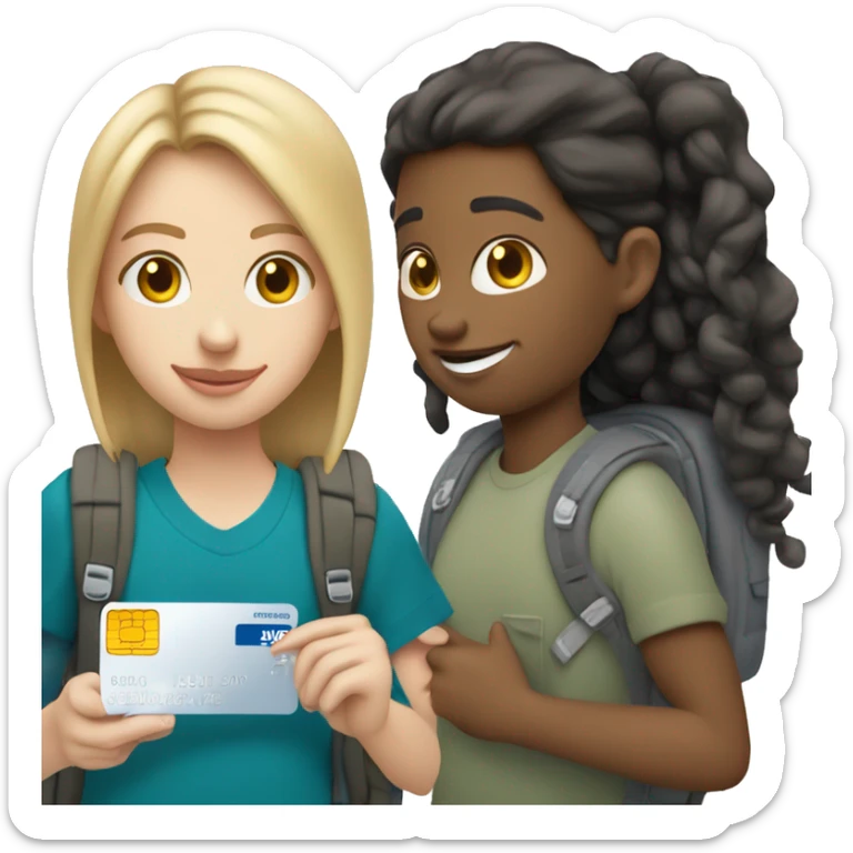 White skin tone student holding visa bank card, but its student card, one hand holding card other one holding backpack sticker