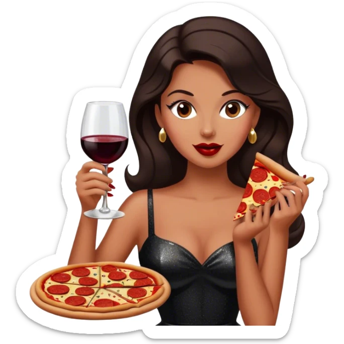 Beautiful woman in 1950’s woman fashion look, black shimmery dress, long dark brown hair, red wine, Pepperoni pizza sticker