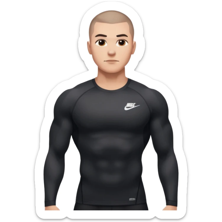 Big muscle man shouting , buzzcut hair, waering compress black shirt nike sticker