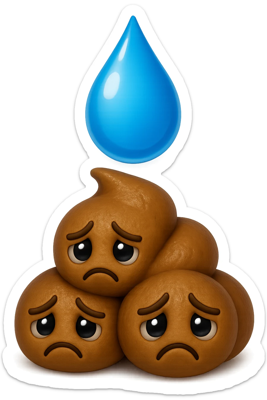 emoji stile iphone di una montagnetta di feci umane realistiche a palline tristi con sopra un simbolo delle gocce di acqua, iperrealistico 4k sticker