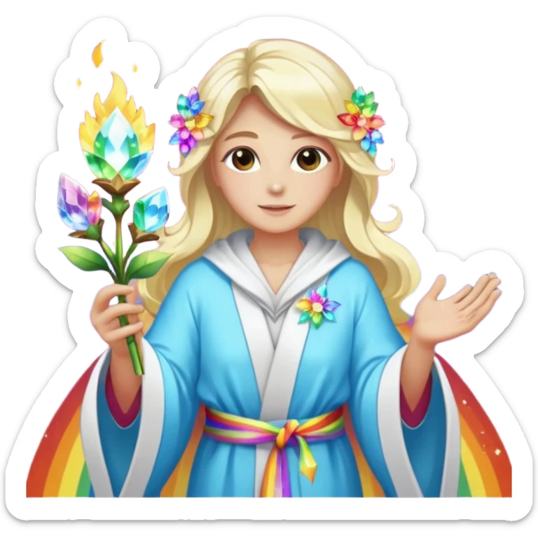 a being made of light of light with a robe on made of light and who is lanky holding a bouquet of crystal flowers on rainbow fire sticker