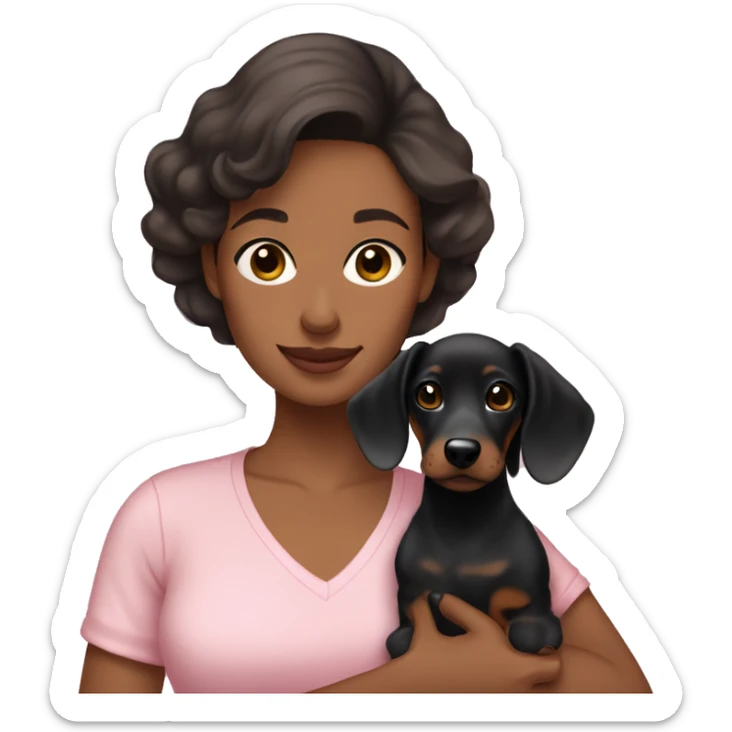 a brunette woman in a light pink shirt, with light skin, holding black dachshund puppy in her arms sticker