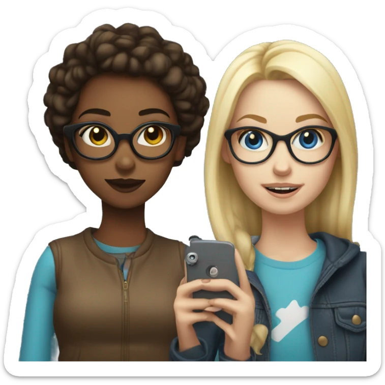 blonde girl with glasses and blue eyes posing with brunette girl fir a selfie sticker