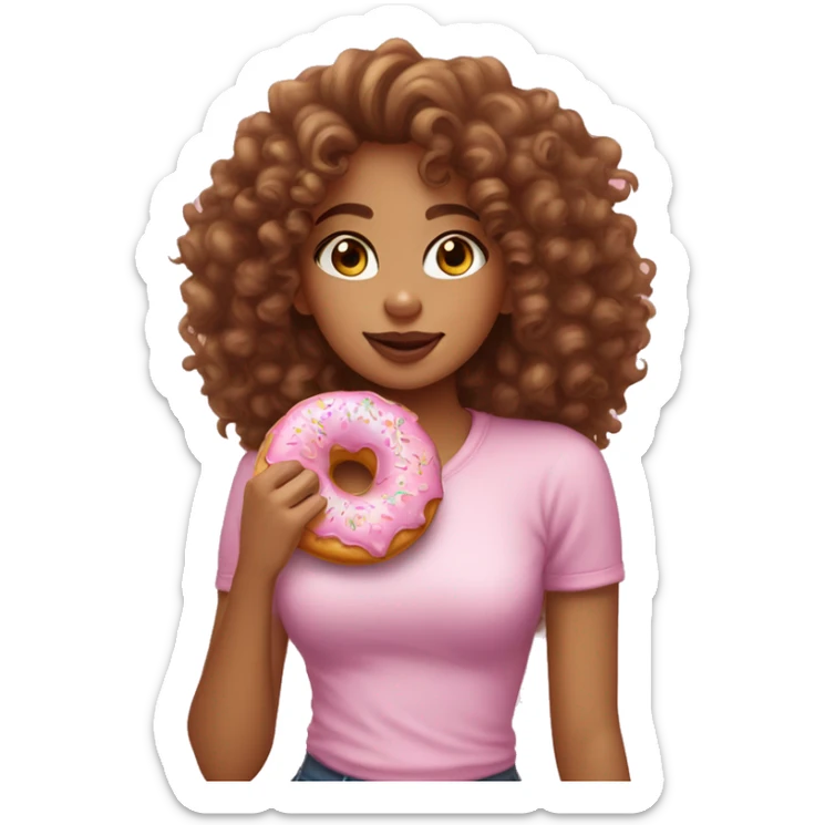 A lightskin girl with curly hair eating a pink frosted donut with sprinkles  sticker