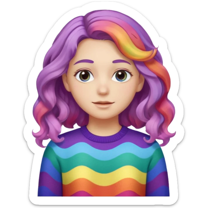 Lila renkli dalgalı saç beyaz tenrengi hafif çekik gözlü uzun kollu gökkuşağı swit sticker