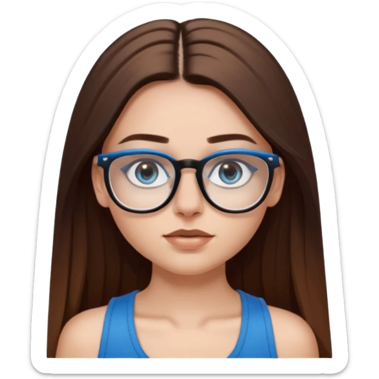 White girl with long straight brown hair and blue eyes wearing plastic frame glasses that go from black to clear ombré from top to bottom. Stud nose piercing on right side of nose and a septum piercing (the ring on bottom of nose). Wearing black tank top. sticker