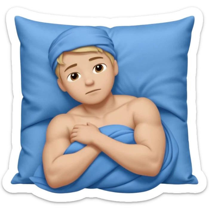 A young muscular male with short dark-blonde hair, medium-light skin, and a neutral expression, dressed in blue cloth. He lies on his side, arms around a soft white pillow, with his head on a smooth blue pillow. A flowing blue blanket covers him in silky folds. sticker