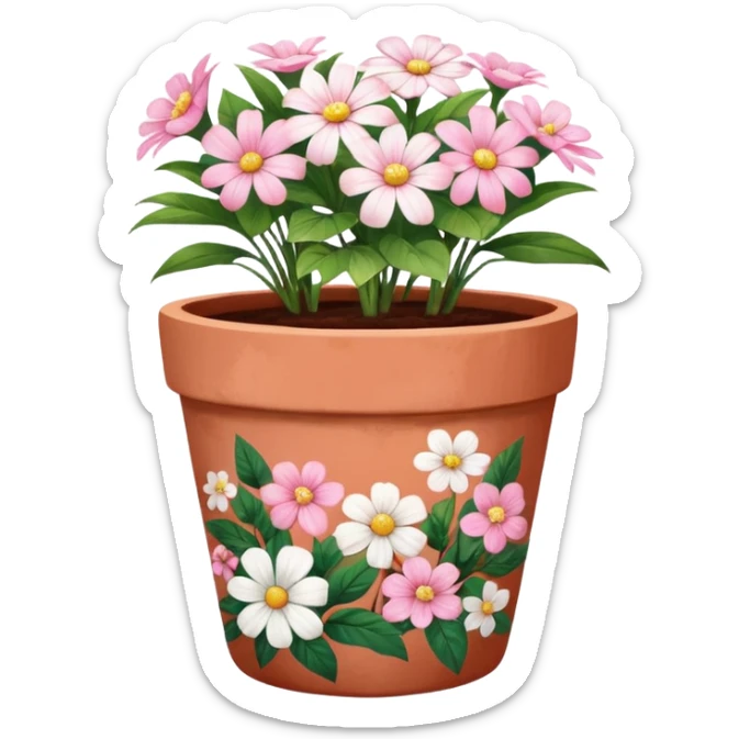 plant pot in terra cota with white and pink flowers print painted on the pot sticker