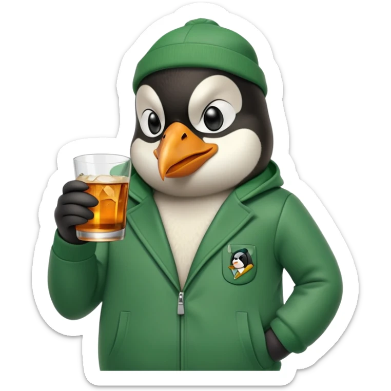 head and shoulders portrait of a friendly anthropomorphised penguin wearing a green mafia-style tracksuit, angry intense brooding expression, holding a glass of whiskey sticker