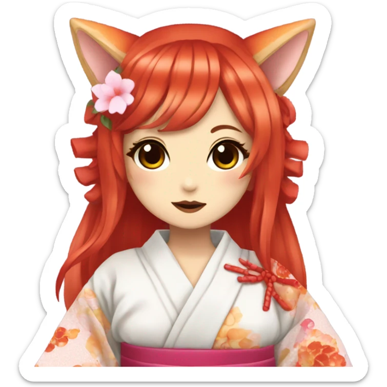hime gyaru girl, kimono, red hair, kitsune mask sticker