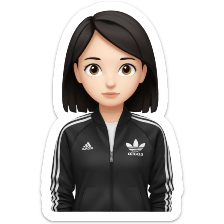 A girl with  medium-length, dark hair, fair skin. The style is a soft, layered cut that falls around her shoulders. wore black Adidas track jacket with white stripes on the sleeves. It has a full zipper down the front, a stand-up collar, and the Adidas logo on the right chest emoji sticker