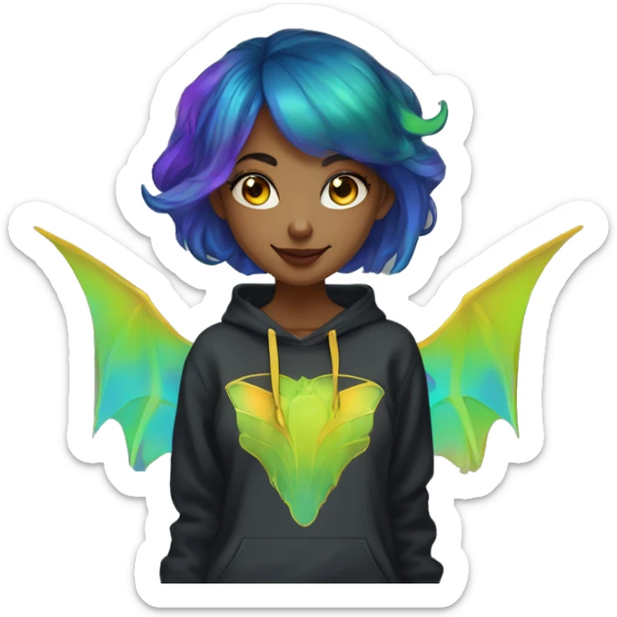 Lady with brunette and iridescent blue hair, gold, lime green dragon wings, black hoodie, oilslick holographic, black and gold Nike t shirt, and bright red eyes sticker