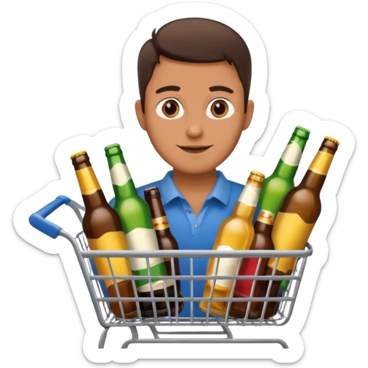 man with a shopping cart full of beers and wines sticker