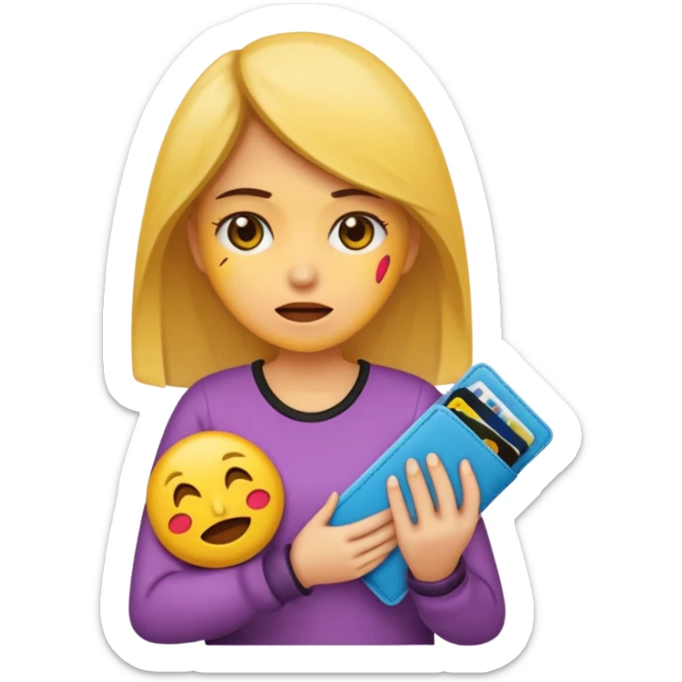 Emoji de una chica joven mostrando que no tiene dinero, sosteniendo una billetera vacía, expresión preocupada o triste, estilo emoji moderno y minimalista, colores planos, líneas limpias, fondo transparente. sticker