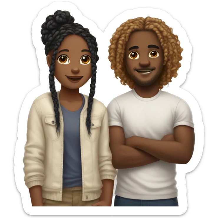 Realistic black girl with box braids and light skin boy with short curly hair and a short beard hugging sticker