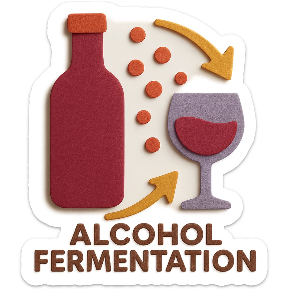 Add the English text 'Alcohol Fermentation' at the bottom of the icon in paper craft style with no background. sticker