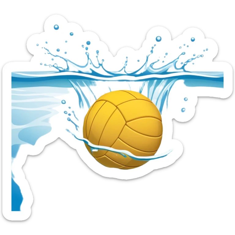 An icon featuring a yellow water polo ball floating on the water with goals in the background, inside a swimming pool. The design includes splashes and ripples, symbolizing the fast-paced action and strategy of water polo. Transparent background highlights. sticker