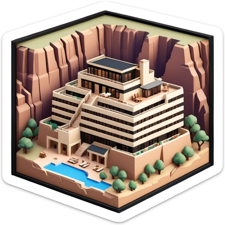 Grand Canyon National Park lodge, isometric exterior, dollhouse-style, realistic sticker