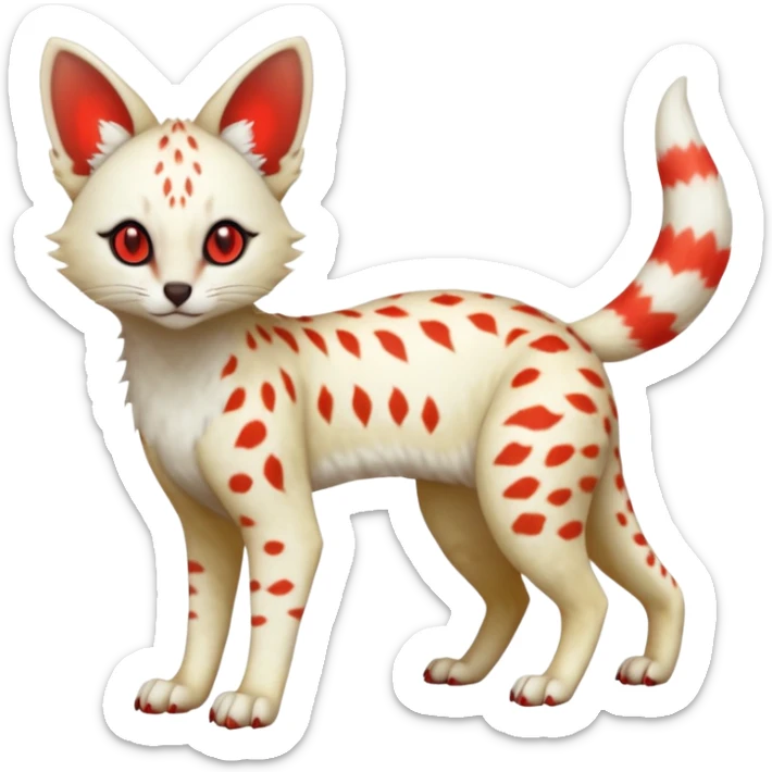 White Albino light spotted Serval-Civet-Genet-Trico-Furret-Linoone-Fakémon-Pokémon-animal-hybrid-fusion-creature (full body) with glowing red eyes, cute, elegant, soft, realistic, pastel fur sticker