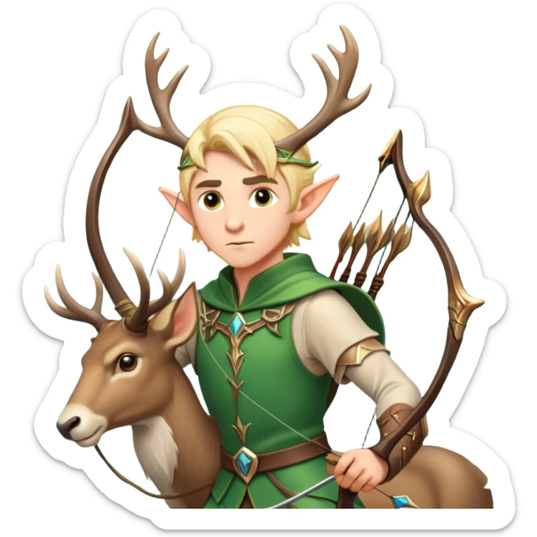clash-of-clans-aesthetic-blond-male elf-archer-portrait-emoji, rendered in a flat, vector-style with minimal shading and bold holding his bow, simplified shapes, head tilted slightly forward with a determined, focused expression, riding a majestic stag whose antlers glow with mystical energy, set against an ancient, enchanted forest backdrop. sticker
