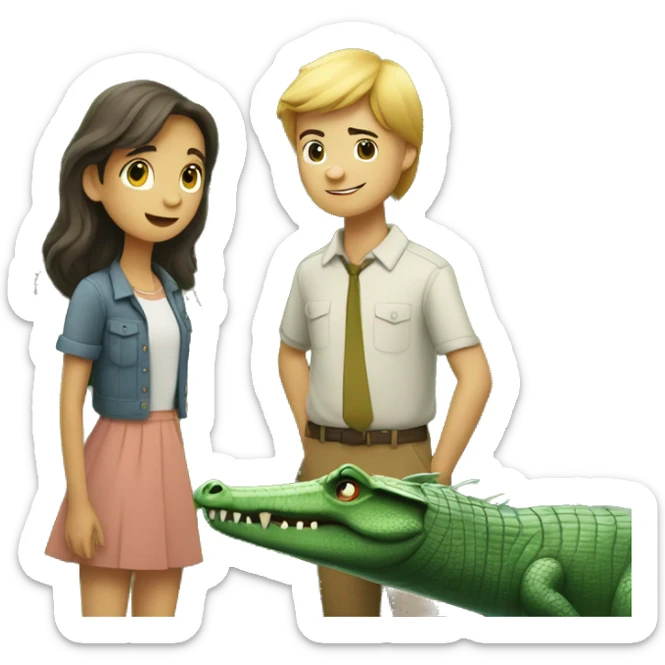 A girl and a guy meeting by and tree and behind the tree and a crocodile secretly watching sticker