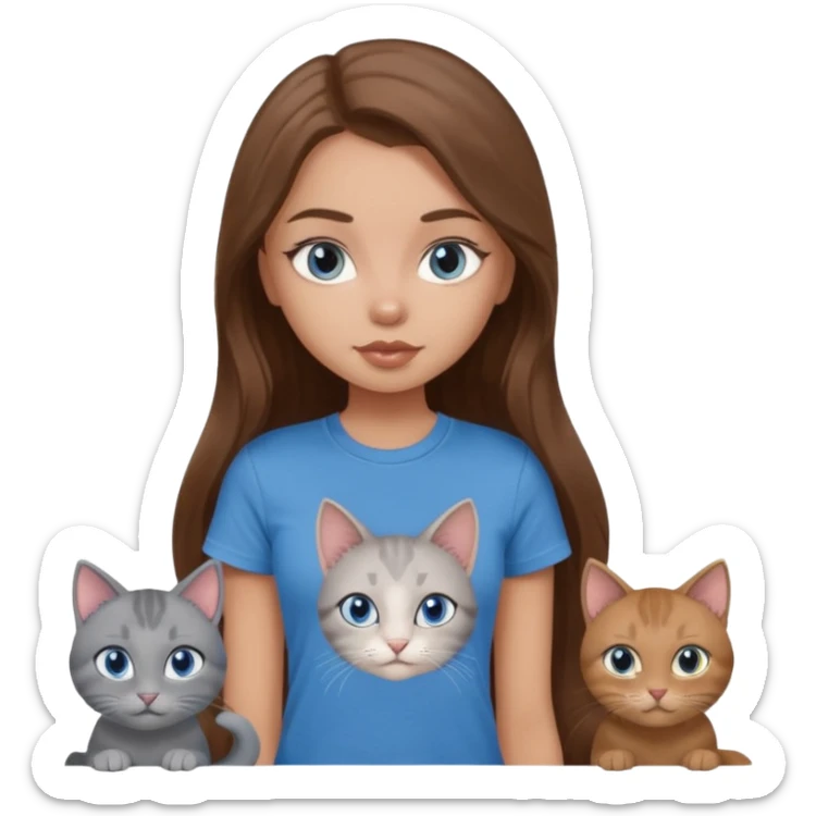 a pretty bratz dusky light skin girl with long brown hair, blue eyes with six cats nd wearing a grey tshirt sticker
