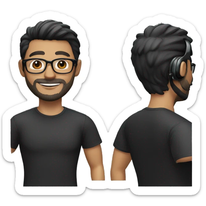 Create a Memoji-style avatar of a man with short black hair, glasses, and a beard. He is smiling and wearing a black shirt. He also has a pair of headphones around his neck. sticker