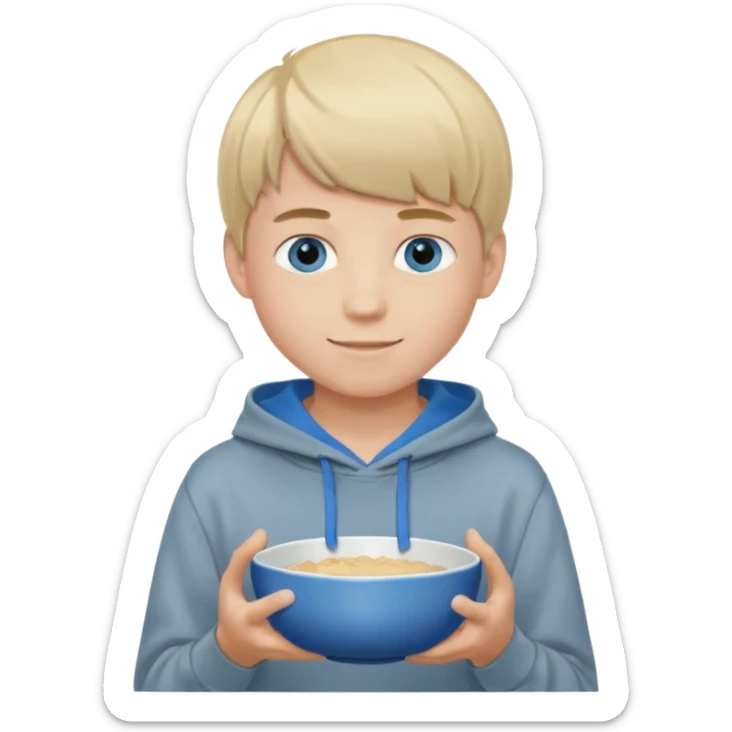 Teen boy with blue eyes and Grey hoodie standing up with blond short bowl cut sticker