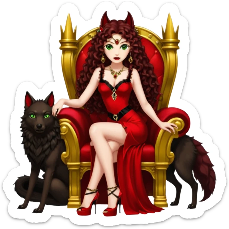 Lilith green eyes, symbol seductress evil brown curly long hair haired, sexy succubus woman with red and black Chanel dress on. A red and black stiletto platform high heel shoes on. sitting on a Black and gold throne. A large black fur wolf sitting beside her. Red rubies surround them both sticker
