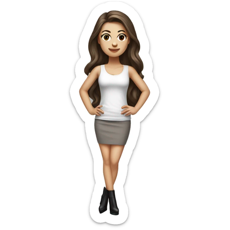 hyperrealist caucasian, long brown hair, brown eyes, woman, white decollette tank top, gray tight mini skirt, black high heels, full height sticker